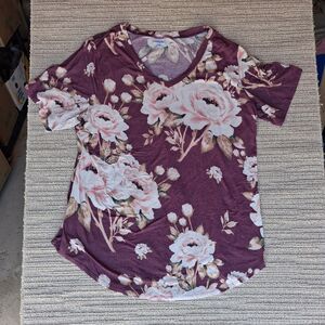LuLaRoe Perfect Tee 2XL Maroon Floral V-Neck Short Sleeve Tunic Shirt Plus Size